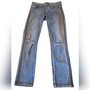 Anthropologie PILCRO Blue Boyfriend Jeans with Tan Accents